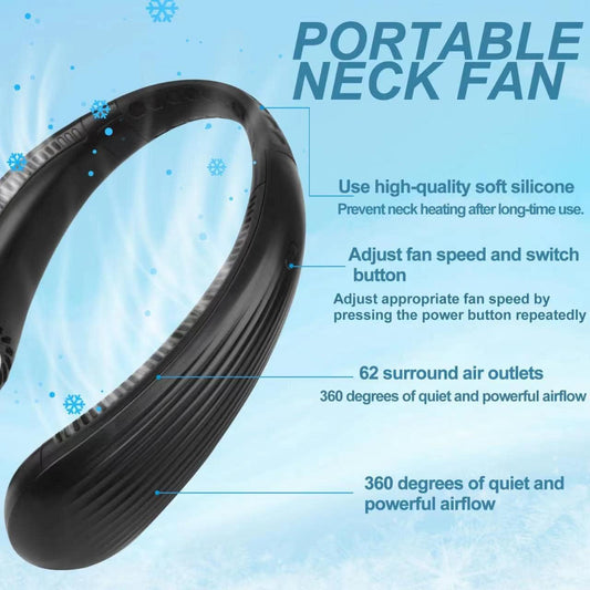 Portable Bladeless Neck Fan - Hands-Free Wearable Personal Fan with 3000mAh Battery, 3 Adjustable Speeds, USB Rechargeable for Men and Women (Black)