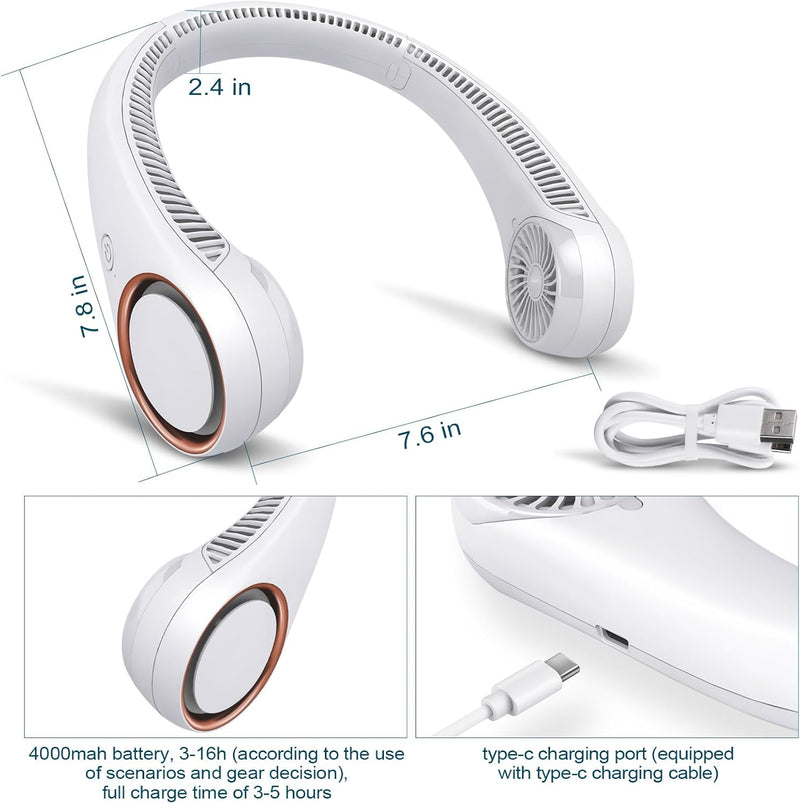 CIVPOWER Neck Fan - Portable Personal Bladeless Cooling Fan, Hands-Free Wearable Design, 3 Speeds, 4000mAh USB Rechargeable Battery for Men & Women (White)