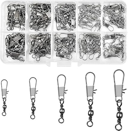 Fishing Swivel Snaps Kit Solid Barrel Swivel, 200Pcs Fishing Swivels Fishing Trout Fishing Swivels Carabiner Fishing Swivels,2# 4# 6# 8# 10#Fish Fishing Barrel Swivel with Safety Snap Interlock Snap