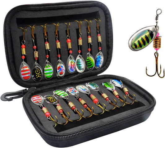 16 Pcs Fishing Lures Spinner Bait with Treble Hooks for Bass Trout Salmon Fishing Tackle Spinnerbait Spoons Metal Sequins Spinners Baits Fishing Bait for Freshwater Saltwater Fishing