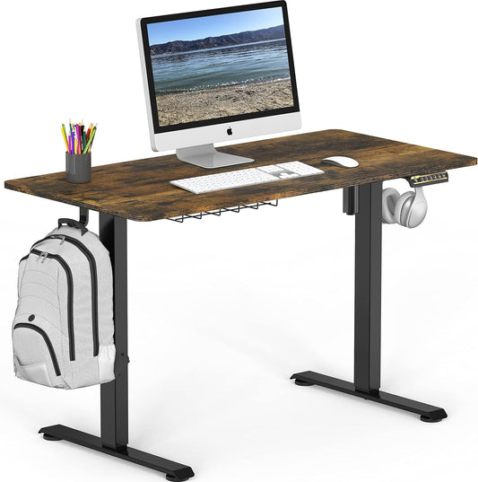 SHW 48-Inch Electric Height Adjustable Sit to Stand Desk with Hanging Hooks and Cable Management, 122 x 60 cm, Rustic Brown