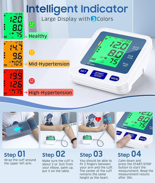 Blood Pressure Monitor for Home Use, Automatic Blood Pressure Machine with 3-Color Backlit Hypertension Display, 2x99 Memory with Upper Arm Large Cuff 22-42cm