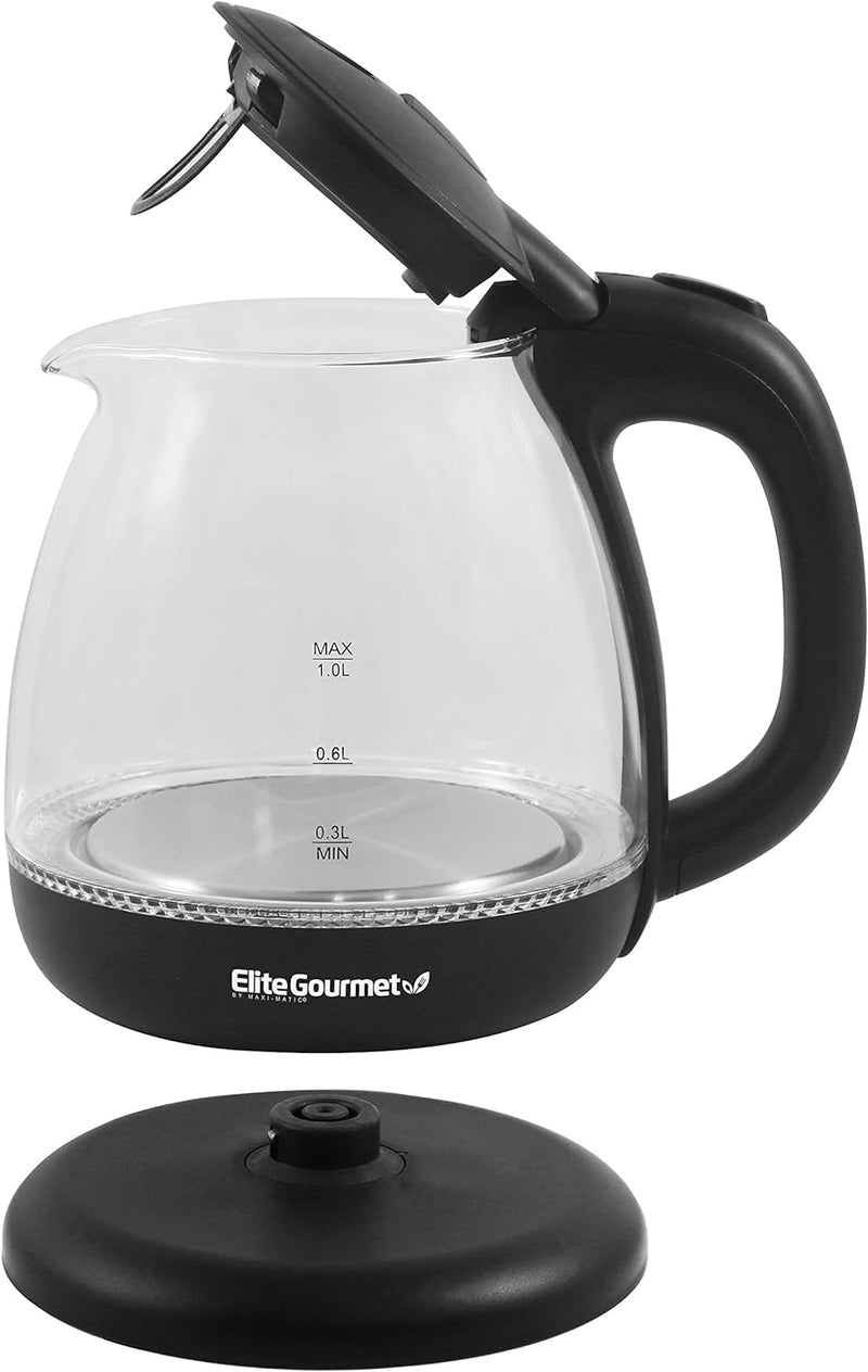 Elite Gourmet EKT1001 Electric BPA-Free Glass Kettle, Cordless 360° Base, Stylish Blue LED Interior, Handy Auto Shut-Off Function – Quickly Boil Water For Tea & More, Black, 1L