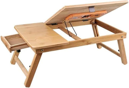 SKYZONAL Laptop Desk Adjustable Bamboo Laptop Table with Fan Drawer Foldable Bed Tray Breakfast Tray Padded Lap Work Tray,for Working Writing Drawing