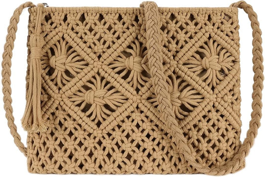 Youjaree Women Crochet Shoulder Bag Handmade Woven Beach Crossbody Handbag Satchel Purse with Tassel for Summer