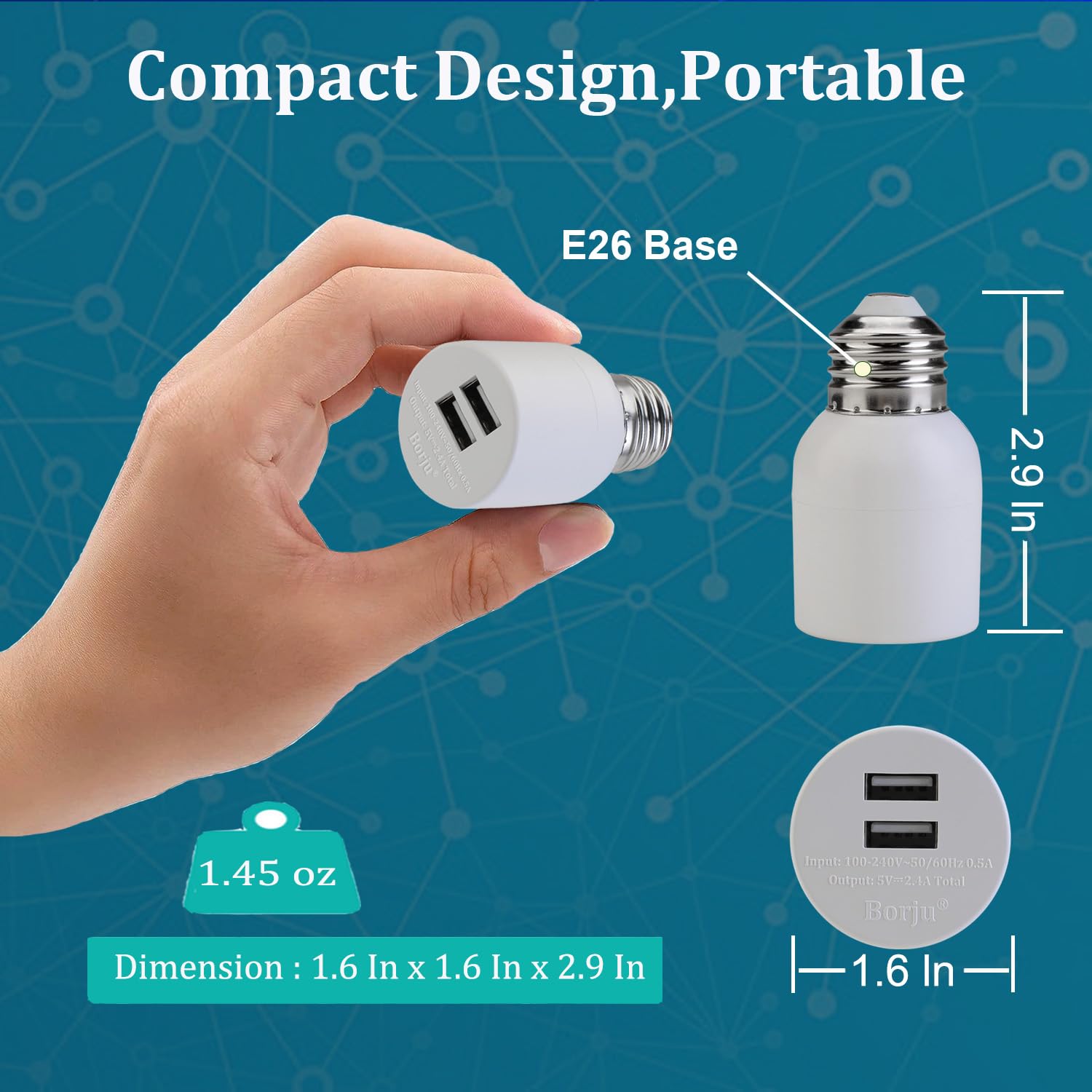 Borju USB Light Socket Adapter, Dual-Port 5V/2.4A Power Converter for Decorative Lights, Mini Fans, Lighting & Surveillance Cameras, Screw-In, Compact Design - PuriLite