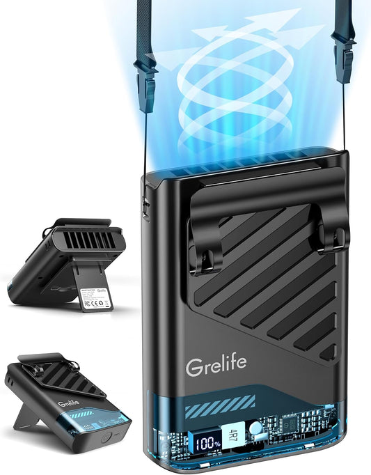 Grelife 2025 AI Portable Waist Fan Rechargeable,5 Speed 10000RPM,LED Display & 40H Runtime Cooling Personal Clip Fan,33ft/s Wind Speed Neck fan for Outdoor Work,Camping,Farm,Jobsite