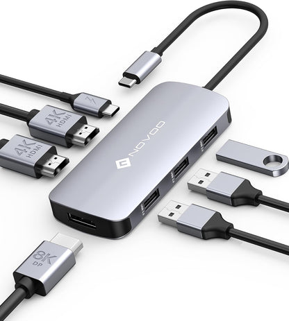 Docking Station Triple Display, NOVOO RM7 USB C Docking Station Dual Monitor Adapter with 8K@30Hz DP and Dual 4K@60Hz HDMI, 100W PD, 3 USB Ports, USB C Dock for HP, DELL, Lenovo, MacBook Laptops