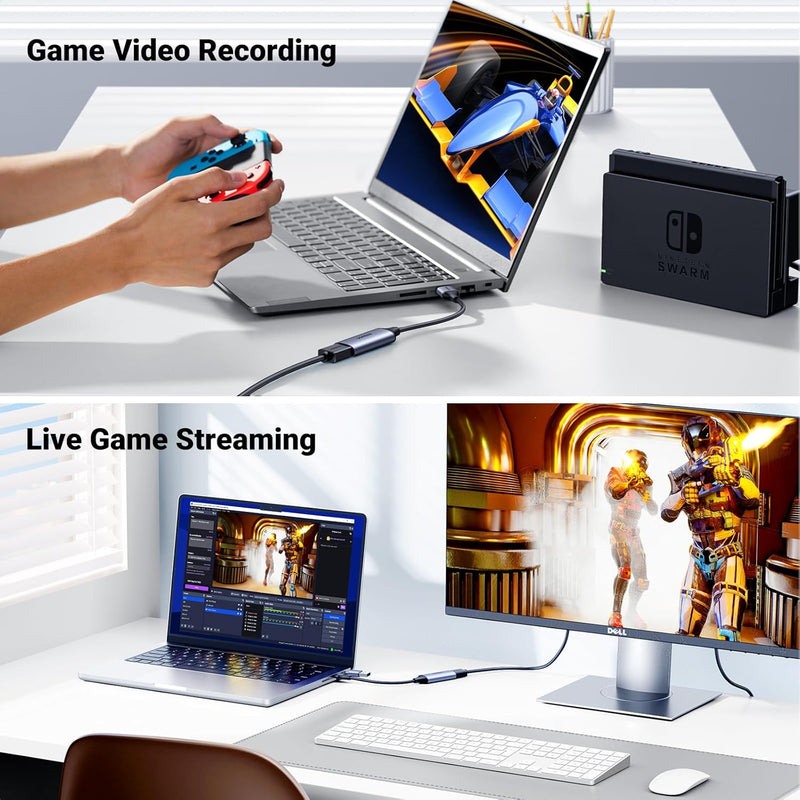 UGREEN Full HD 1080P Video Capture Card 4K HDMI to USB-A/USB-C USB 2.0 Capture Audio Recording for Gaming, Streaming, Teaching, Video Conference Compatible with Camera iPad MacBook Phone PC Laptop