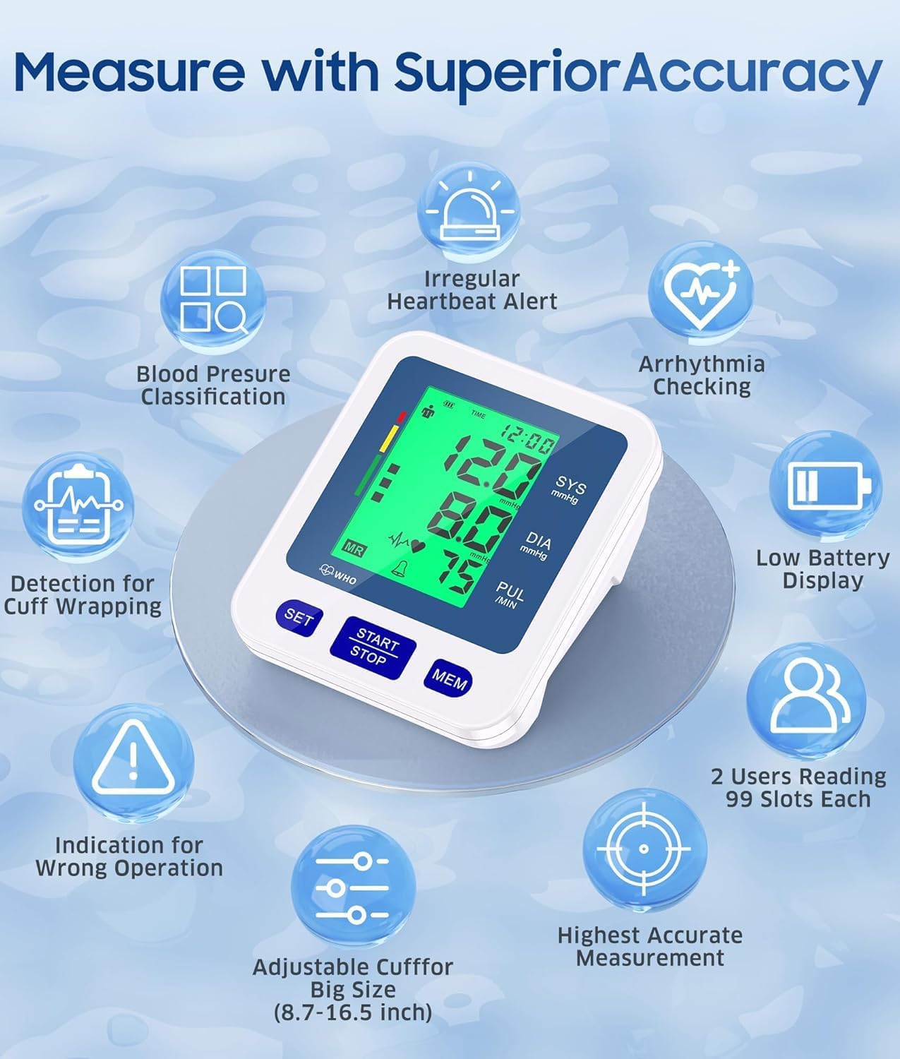 Blood Pressure Monitor for Home Use, Automatic Blood Pressure Machine with 3-Color Backlit Hypertension Display, 2x99 Memory with Upper Arm Large Cuff 22-42cm