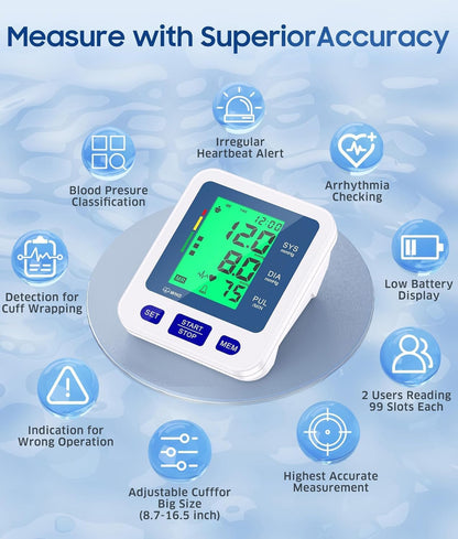 Blood Pressure Monitor for Home Use, Automatic Blood Pressure Machine with 3-Color Backlit Hypertension Display, 2x99 Memory with Upper Arm Large Cuff 22-42cm