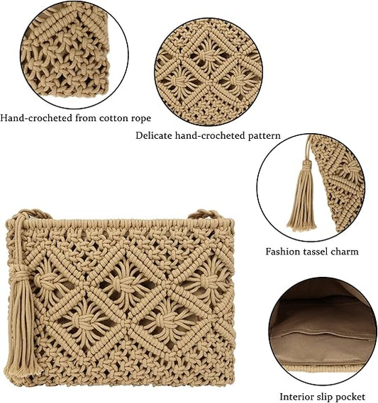 Youjaree Women Crochet Shoulder Bag Handmade Woven Beach Crossbody Handbag Satchel Purse with Tassel for Summer - PuriLite