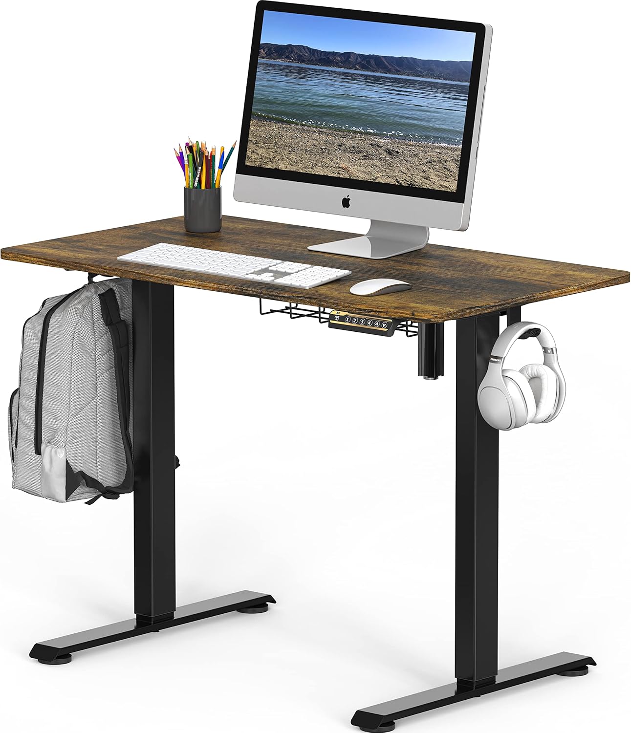 SHW 48-Inch Electric Height Adjustable Sit to Stand Desk with Hanging Hooks and Cable Management, 122 x 60 cm, Rustic Brown