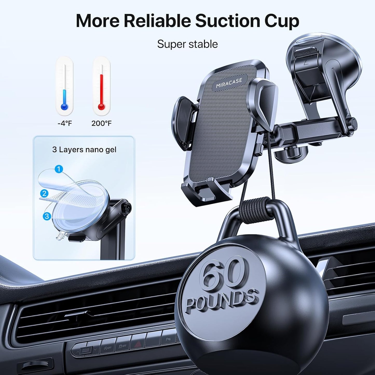 Miracase Car Phone Mount, [2025 Upgraded Strong Military Grade Suction Cup] Long Arm Phone Holder for Car Dashboard Windshield Vent, Hands Free Cell Phone Holder Compatible with All Mobile Phones
