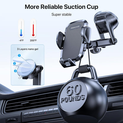 Miracase Car Phone Mount, [2025 Upgraded Strong Military Grade Suction Cup] Long Arm Phone Holder for Car Dashboard Windshield Vent, Hands Free Cell Phone Holder Compatible with All Mobile Phones