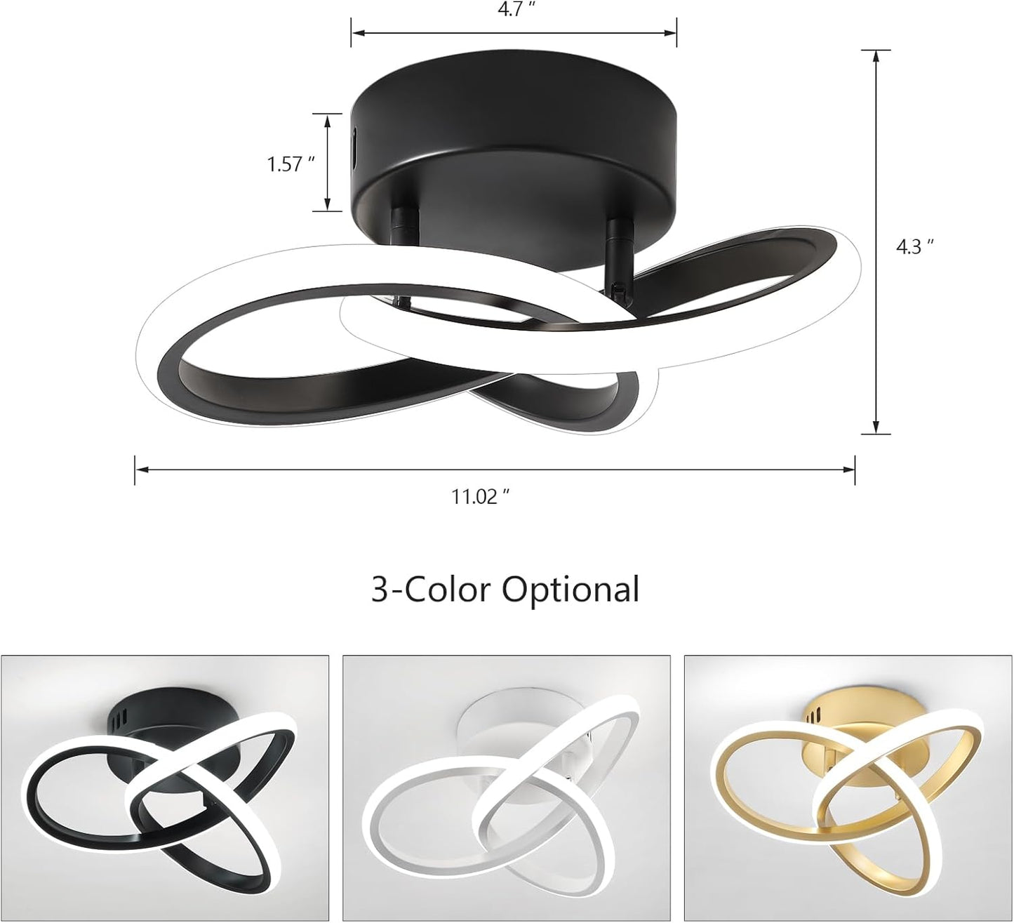 AMZASA Modern LED Ceiling Light Fixtures Black Semi Flush Mount Ceiling Lamp Hallway Lights for Bedroom Bathroom Entryway Closet Balcony Stair Curved Design15W