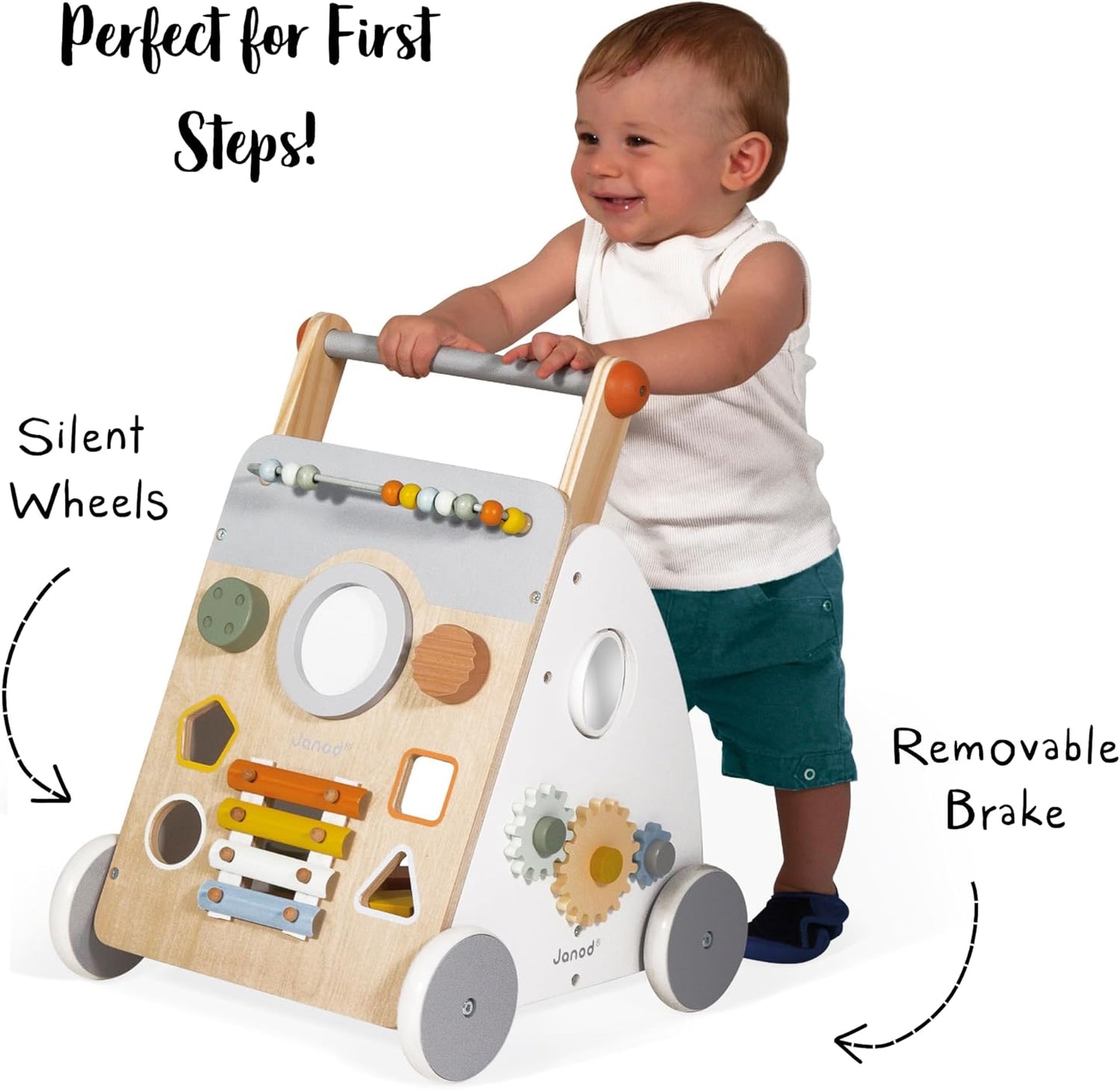 Janod - Sweet Cocoon Multi-Activity Baby Walker - Wooden Trolley - Multiple Sorting Shapes - For Babies and Toddlers - From 12 Months - Multilingual - J04410. - PuriLite