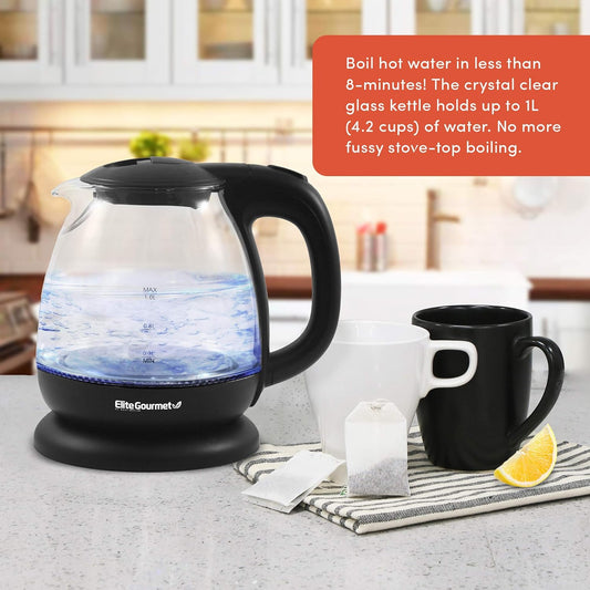 Elite Gourmet EKT1001 Electric BPA-Free Glass Kettle, Cordless 360° Base, Stylish Blue LED Interior, Handy Auto Shut-Off Function – Quickly Boil Water For Tea & More, Black, 1L