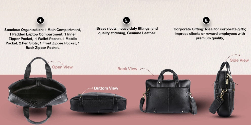 Hammonds LB104 Premium Cow Leather Laptop Bag for Men | Genuine Cow Leather Office Bag | 16-Inch Business Laptop Bag | Professional Work Bag | Corporate Gift Bag - PuriLite