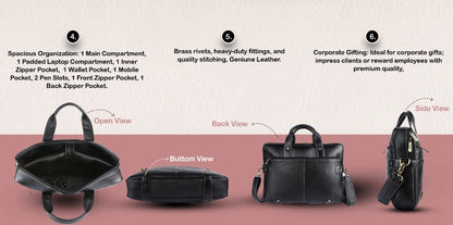 Hammonds LB104 Premium Cow Leather Laptop Bag for Men | Genuine Cow Leather Office Bag | 16-Inch Business Laptop Bag | Professional Work Bag | Corporate Gift Bag - PuriLite