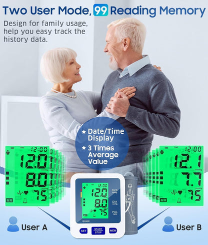 Blood Pressure Monitor for Home Use, Automatic Blood Pressure Machine with 3-Color Backlit Hypertension Display, 2x99 Memory with Upper Arm Large Cuff 22-42cm
