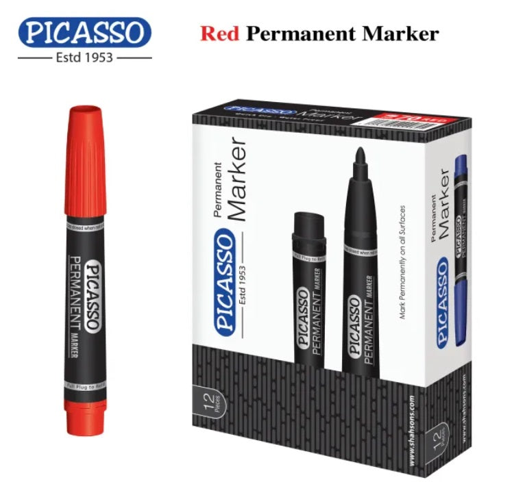 Picasso High Quality Permanent Marker 12 Pcs in Cardboard Box - Available in 4 Ink Colours Blue, Black Red and Green - PuriLite