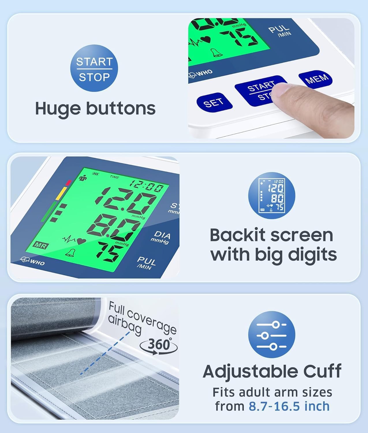 Blood Pressure Monitor for Home Use, Automatic Blood Pressure Machine with 3-Color Backlit Hypertension Display, 2x99 Memory with Upper Arm Large Cuff 22-42cm