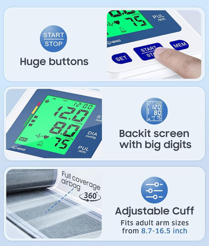 Blood Pressure Monitor for Home Use, Automatic Blood Pressure Machine with 3-Color Backlit Hypertension Display, 2x99 Memory with Upper Arm Large Cuff 22-42cm