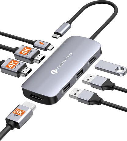 Docking Station Triple Display, NOVOO RM7 USB C Docking Station Dual Monitor Adapter with 8K@30Hz DP and Dual 4K@60Hz HDMI, 100W PD, 3 USB Ports, USB C Dock for HP, DELL, Lenovo, MacBook Laptops