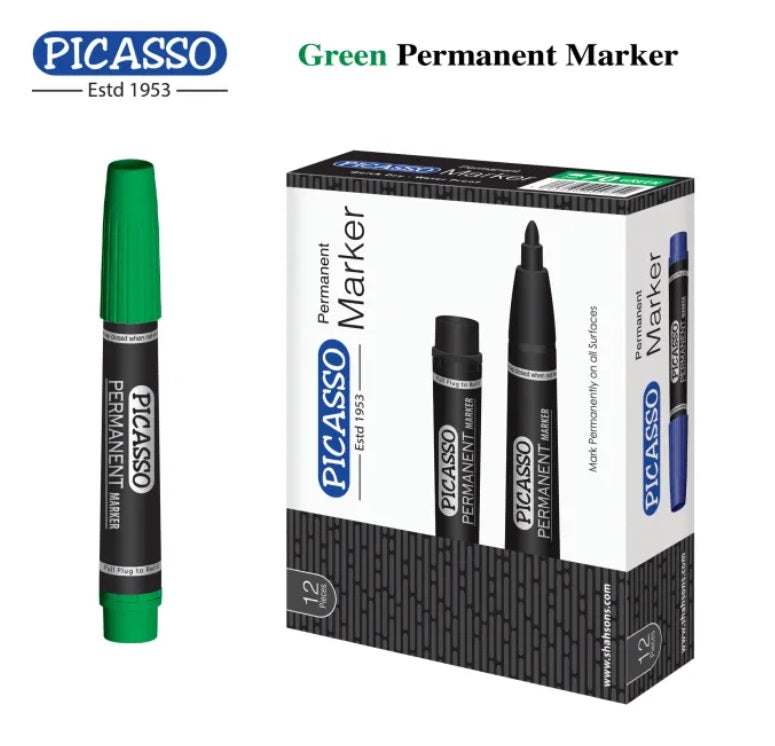 Picasso High Quality Permanent Marker 12 Pcs in Cardboard Box - Available in 4 Ink Colours Blue, Black Red and Green - PuriLite