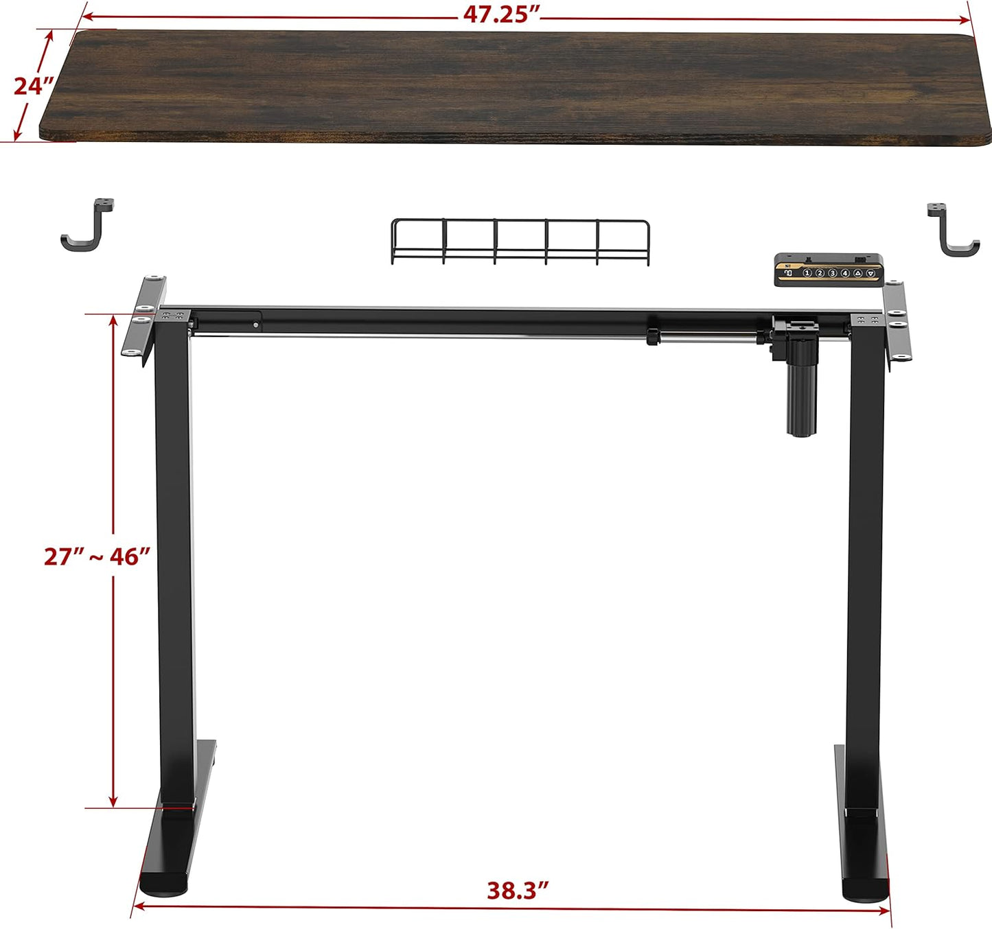 SHW 48-Inch Electric Height Adjustable Sit to Stand Desk with Hanging Hooks and Cable Management, 122 x 60 cm, Rustic Brown