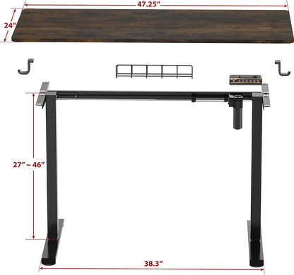 SHW 48-Inch Electric Height Adjustable Sit to Stand Desk with Hanging Hooks and Cable Management, 122 x 60 cm, Rustic Brown