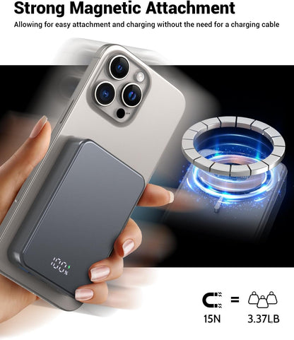Magnetic Power Bank 26800mAh for Magsafe Portable Charger, Aluminum Alloy casing Large Capacity 20W USB-C in&Out Wireless Fast Charging Battery Pack for iPhone16 Plus Pro Max/15/14/13/12 Series, Gray