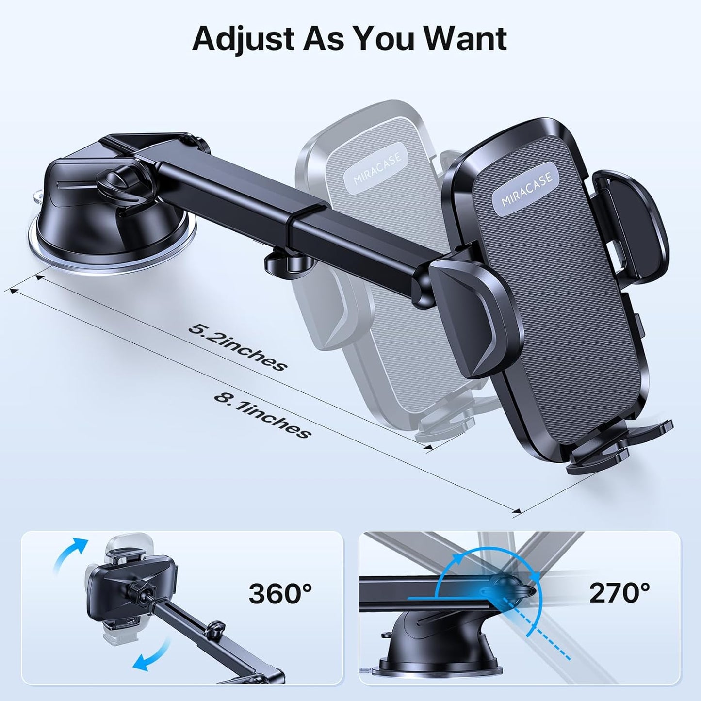 Miracase Car Phone Mount, [2025 Upgraded Strong Military Grade Suction Cup] Long Arm Phone Holder for Car Dashboard Windshield Vent, Hands Free Cell Phone Holder Compatible with All Mobile Phones