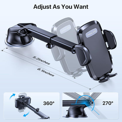 Miracase Car Phone Mount, [2025 Upgraded Strong Military Grade Suction Cup] Long Arm Phone Holder for Car Dashboard Windshield Vent, Hands Free Cell Phone Holder Compatible with All Mobile Phones