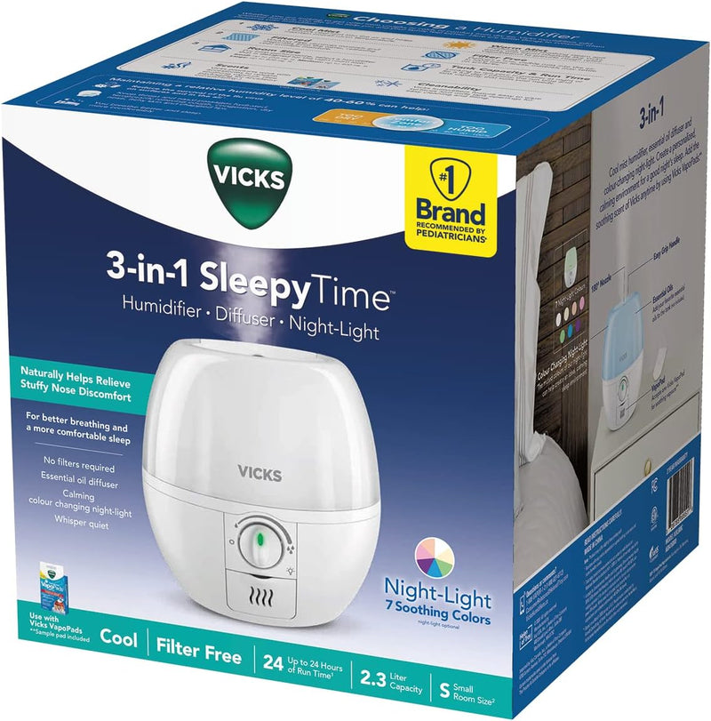 Vicks VUL500C 3-in-1 SleepyTime Ultrasonic Humidifier Diffuser Night-Light, Small Humidifier for Baby, Bedroom, Office Desk, with Variable Output Control, Scent Pad Slots, Auto Shut-Off, 2.3L/0.6Gal