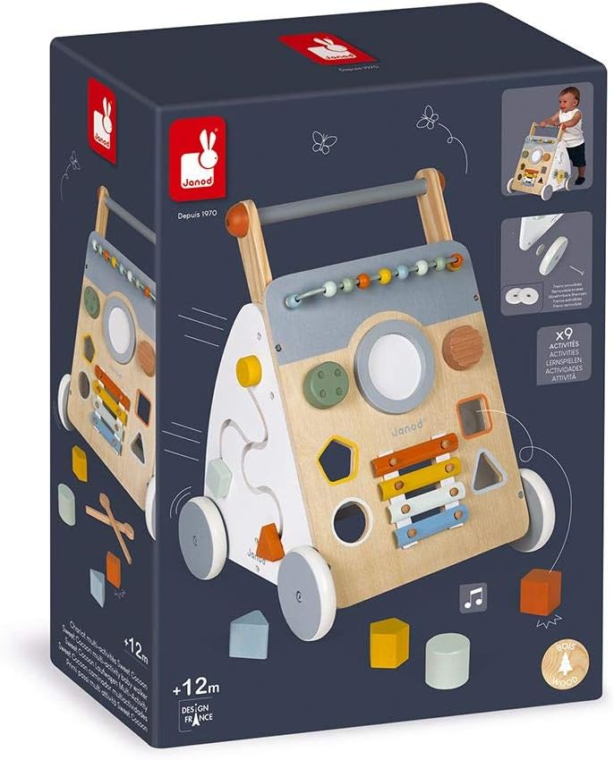 Janod - Sweet Cocoon Multi-Activity Baby Walker - Wooden Trolley - Multiple Sorting Shapes - For Babies and Toddlers - From 12 Months - Multilingual - J04410. - PuriLite