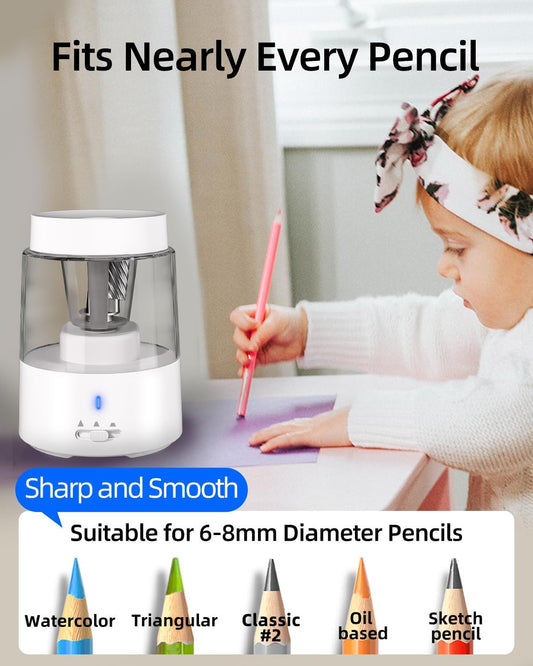 Zmol Electric Pencil Sharpener，Rechargeable Pencil Sharpeners for Kids, Auto Stop, Super Sharp & Fast, Pencil Sharpeners Electric Plug in for 6-8mm No.2/Colored Pencils/Office/Home (White)