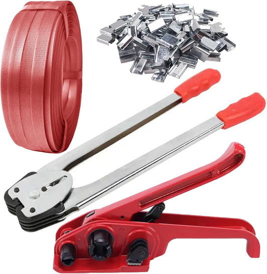 NEWANRAN Packaging Strapping Straps Kit - Pallet Banding Strapping Kit Heavy Duty, Banding Tool with Tensioner Sealer Tool & 500 Ft Lenght Poly Straps Tie Down Straps, Red