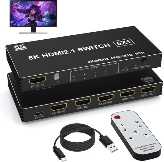 8K HDMI Switch Splitter 5 in 1 Out - 8K@60Hz 4K@120Hz HDMI Switcher 5 Port with IR Remote for Xbox PS4 PC TV