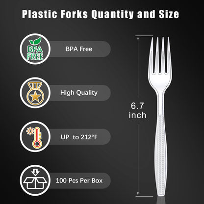 Plastic Forks 100 Pieces,6.7 Inch Reusable Plastic Forks Transparent and Robust Cutlery Sets for Birthday Party Barbecue Party Wedding ect