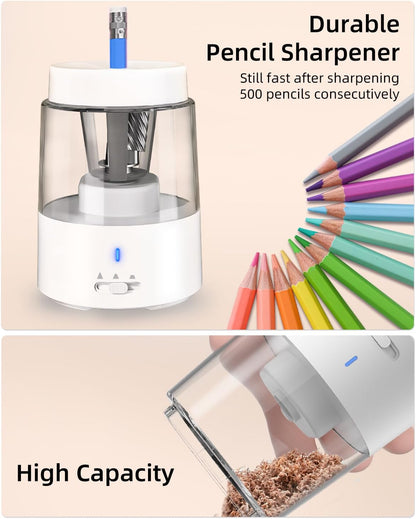 Zmol Electric Pencil Sharpener，Rechargeable Pencil Sharpeners for Kids, Auto Stop, Super Sharp & Fast, Pencil Sharpeners Electric Plug in for 6-8mm No.2/Colored Pencils/Office/Home (White)