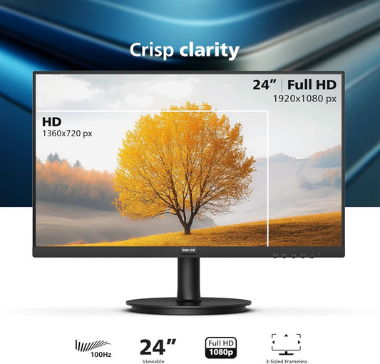 PHILIPS 24 inch Frameless Full HD (1920 x 1080) 100Hz Monitor, VESA, HDMI x1, VGA Port x1, Eye Care, 4 Year Advance Replacement Warranty, 241V8LB - PuriLite