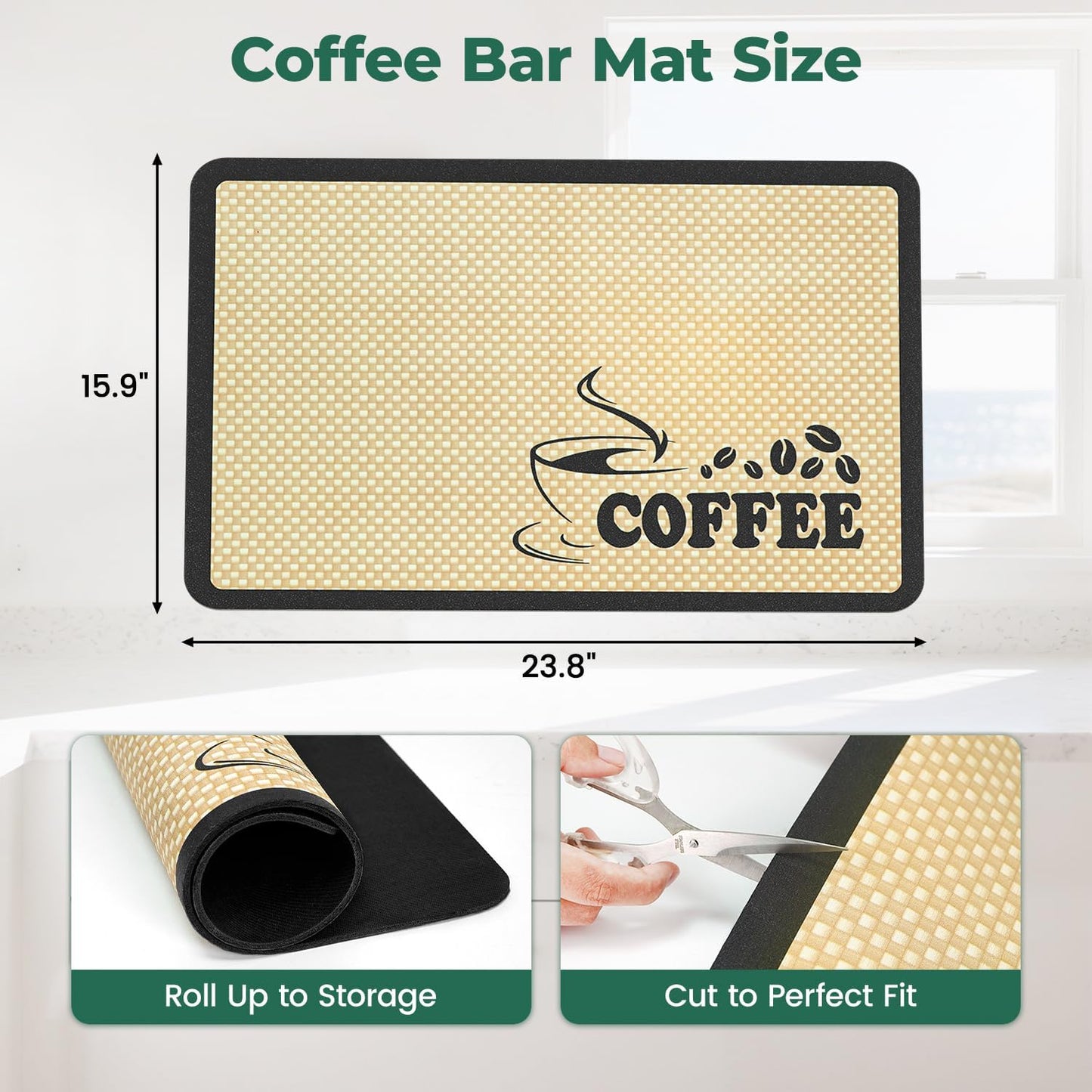EsLuker.ly Coffee Mat for Bar Station, Rubber Backed Absorbent Dish Drying Pad for Kitchen Office Countertop, Fits Under Coffee Maker Pot or Espresso Machine, Hide Stains, 24''x16'', Beige