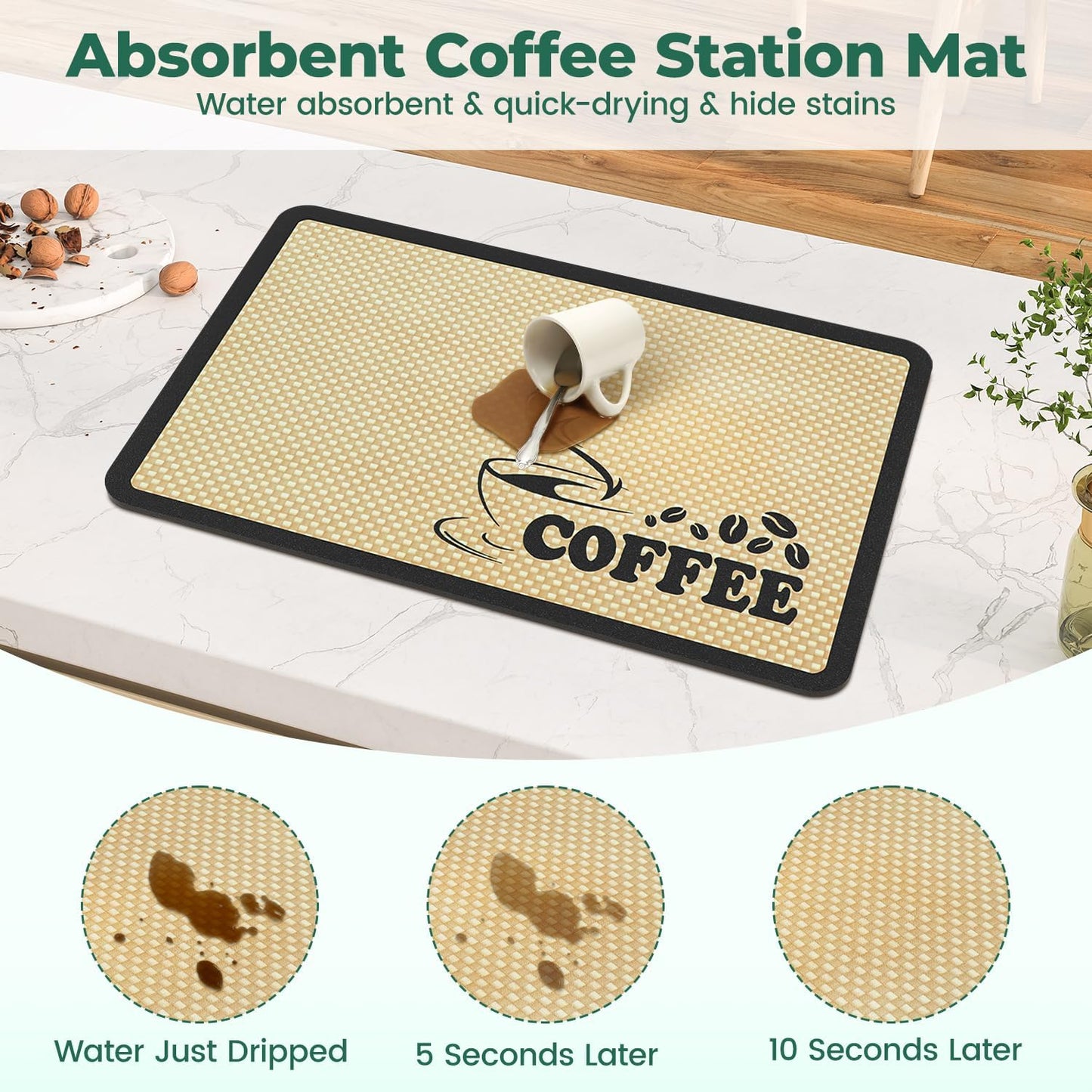 EsLuker.ly Coffee Mat for Bar Station, Rubber Backed Absorbent Dish Drying Pad for Kitchen Office Countertop, Fits Under Coffee Maker Pot or Espresso Machine, Hide Stains, 24''x16'', Beige