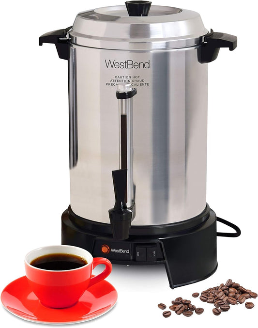 West Bend 13500 Highly-Polished Aluminum Commercial Coffee Urn Features Automatic Temperature Control Large Capacity with Quick Brewing Smooth Prep and Easy Clean Up, 55-cup, Silver