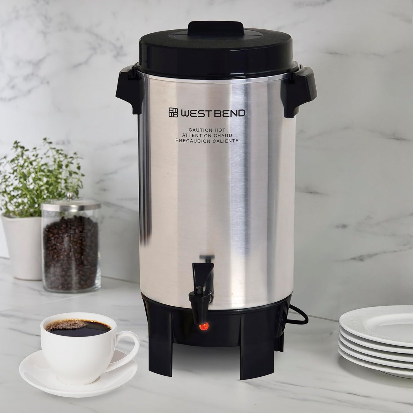 West Bend 58002 Highly Polished Aluminum Commercial Coffee Urn Features Automatic Temperature Control Large Capacity with Quick Brewing Easy Prep and Clean Up, 42-Cup, Silver