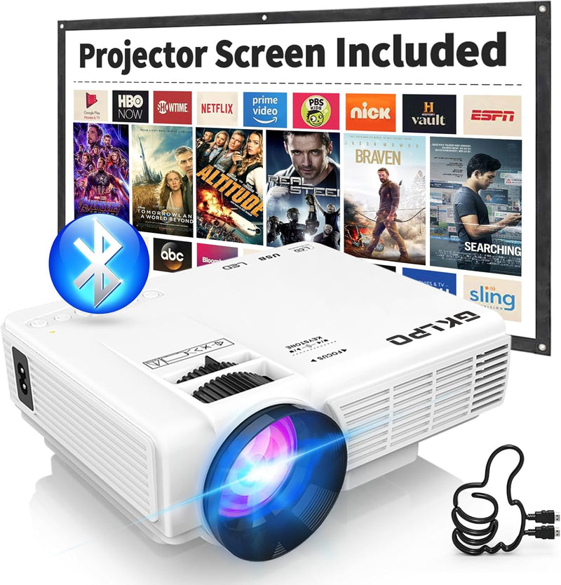 【Two-Way Bluetooth】 1080P Mini Projector with Projector Screen, 50% Zoom, Portable Outdoor Movie Projector, Compatible with TV Stick, Video Games, HDMI, USB, Smartphone