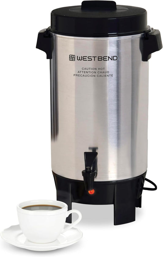 West Bend 58002 Highly Polished Aluminum Commercial Coffee Urn Features Automatic Temperature Control Large Capacity with Quick Brewing Easy Prep and Clean Up, 42-Cup, Silver