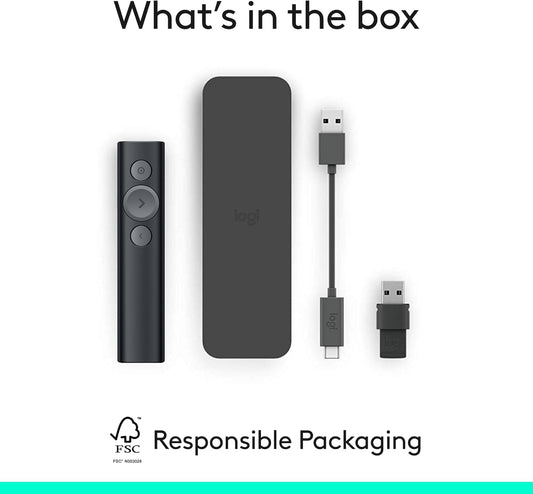 Logitech Spotlight Presentation Remote - Universal Wireless Presentation Clicker with Laser Pointer, Advanced Digital Highlighting, Bluetooth, 30 m Range and Quick Charging - Black - PuriLite